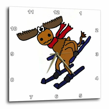 3dRose Funny Moose Skiing Downhill Wearing Red Scarf, Wall Clock, 15 by 15-inch