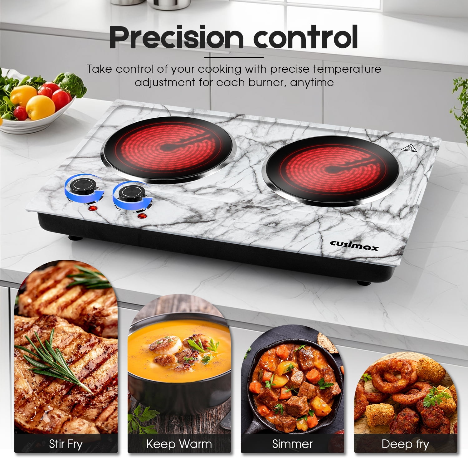 Cusimax 1800W Hot Plate While Marble Ceramic Cooktop Dual Infrared Burner