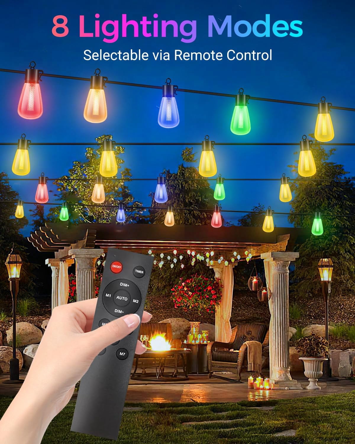 60FT Color Changing Outdoor String Lights with Remote - Dimmable LED RGB Patio Lights for Outside with Shatterproof Waterproof Edison Bulbs for Yard Gazebo Party Wedding Holiday