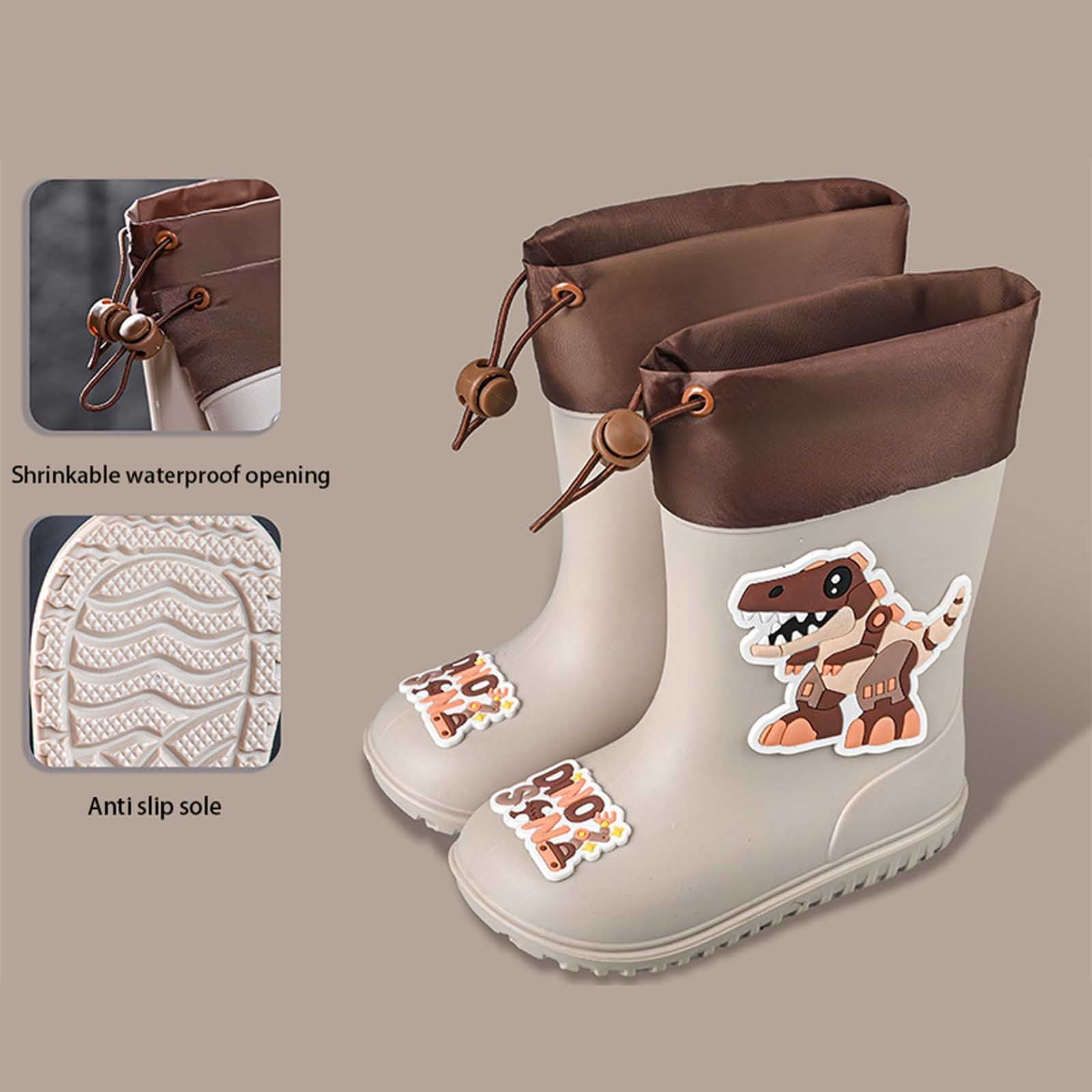 Wuxian Toddler Rain Boots Lightweight Anti- Cute Cartoon Dinosaur Pattern Rain Booties Waterproof Soft Sole Easy Put On Drawstring Rainy Footwear,Beige,9-9.5T
