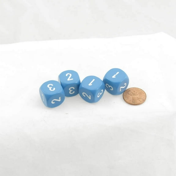Light Blue Opaque Dice with White Numbers D3 (D6 1-3 Twice) 16mm (5/8in) Pack of 4 Wondertrail