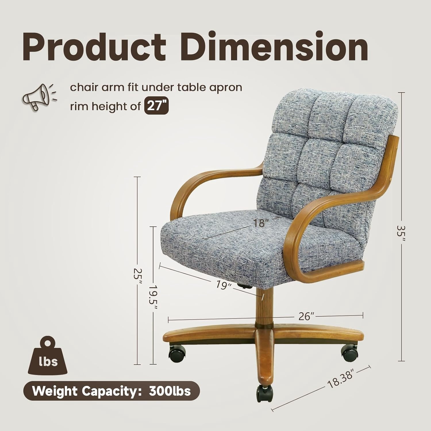 Chromcraft Swivel-Tilt Dining Chairs on Casters, Chestnut Solid Wood Accents, Textured Bronze Pedestal Base, Noriko Ocean Upholstery, set of 1