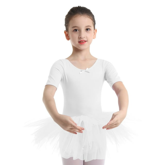 inhzoy Robe Tutu de Danse Ballet pour Filles Manches Courtes Jupe Justaucorps Combinaison de Gymnastique Performance de Scène Blanc 3TG