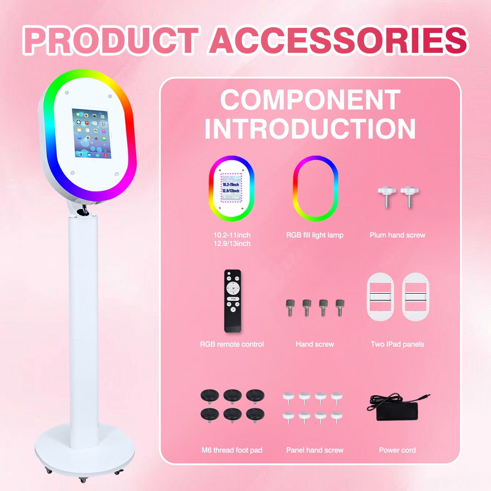 Portable iPad Photo Booth Stand with RGB Ring Light - Compatible with 10.2" to 13" iPad Pro/Air, Party Selfie Station for Weddings & Corporate Events (White/Flight Case)​