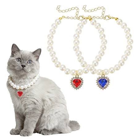 Uxcell Cat Dog Pearl Collar Small Heart Shape Rhinestone Cute Cat Collar Necklace Adjustable (S Blue/Red 2Pcs ) for Wedding Party Pet Jewelry Accessories Puppies Kitten
