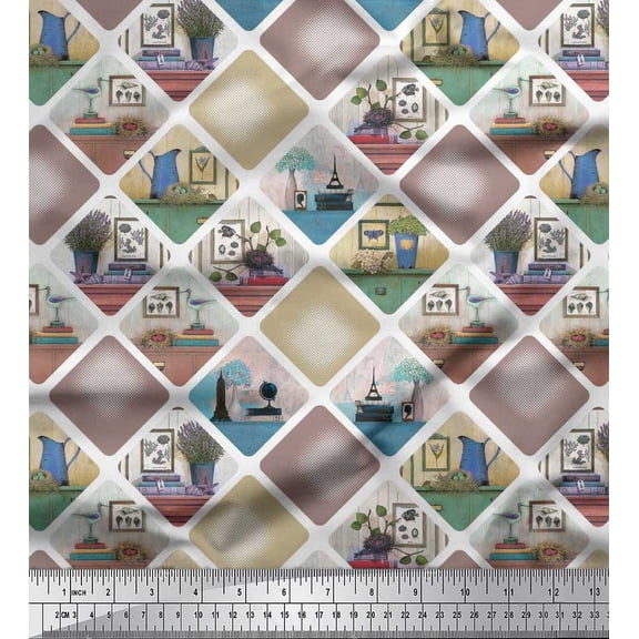 Soimoi Rayon Fabric Frame,Jug & Flower Pot Patchwork Print Fabric by The Yard 56 Inch Wide
