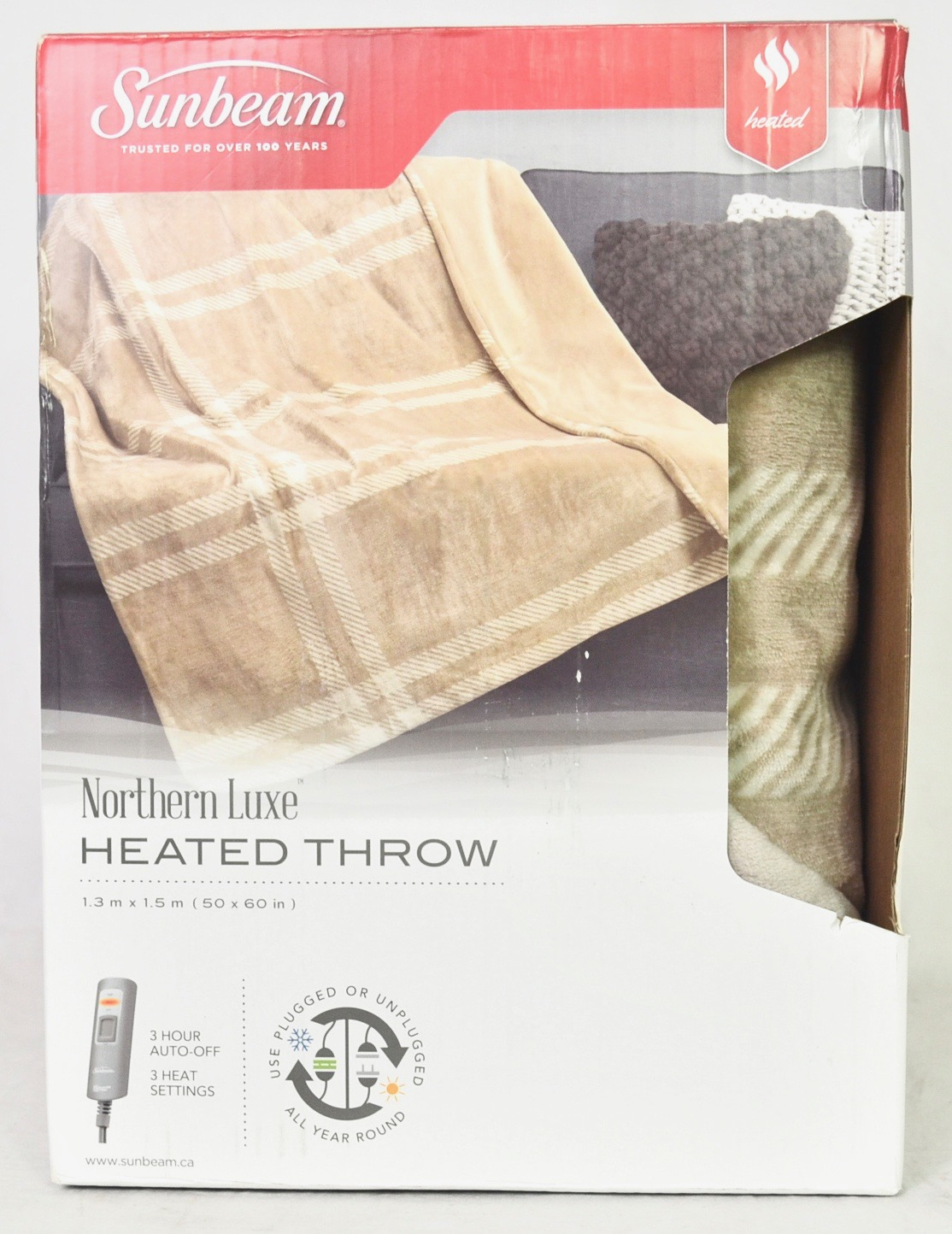 SUNBEAM Northern Luxe Heated Throw Camel, 60x50 in (1.3x1.5 m),3 heat