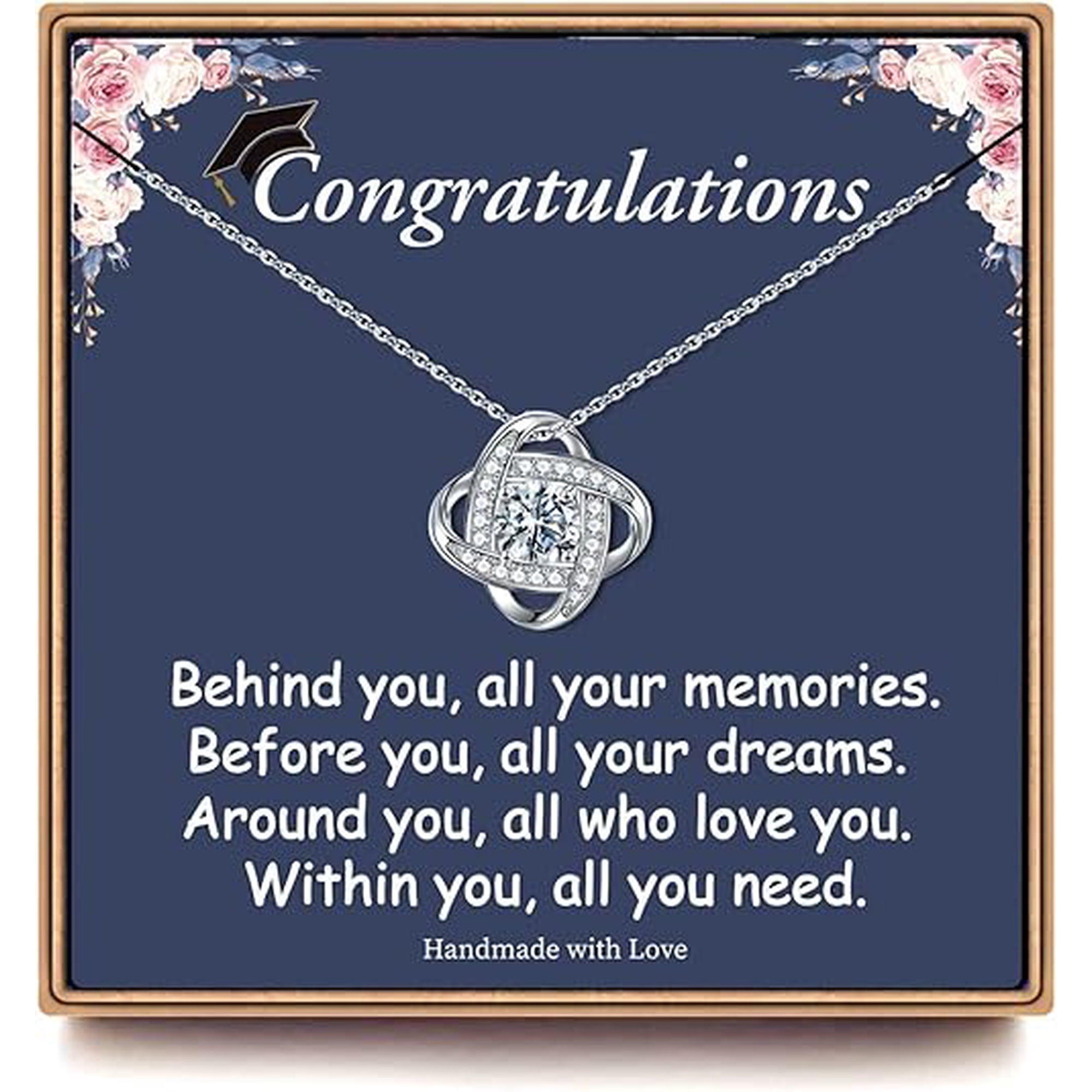 Class of 2025 14K White Gold Plated Graduation Necklace, 2025 Graduation Gifts for Her with Message Card and Gift Box, College School Graduation Necklace Gifts, Love Knot Necklace