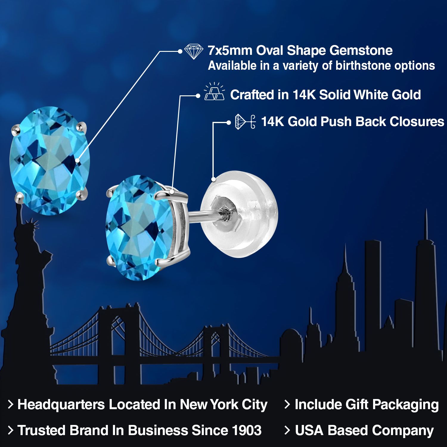 Gem Stone King 2.00 Cttw Oval 7x5mm American Blue Mystic Topaz 14K White Gold Stud Earrings for Women Men
