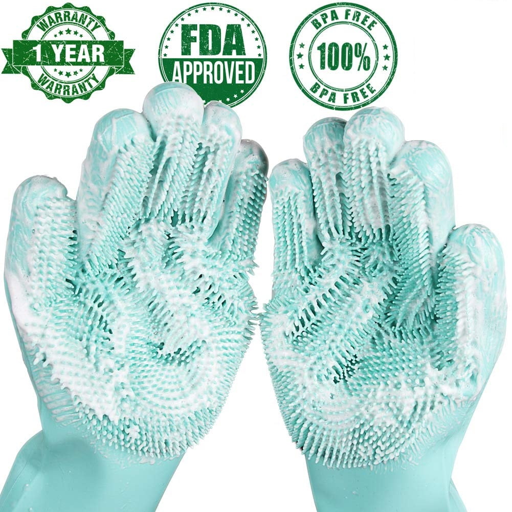Magic Silicone Dishwashing Gloves Cleaning Scrubbing-Dish Wash Silicone Sponge Scrubby Gloves for Washing Dish Kitchen Car Pet 13.6 x 5 in Green 