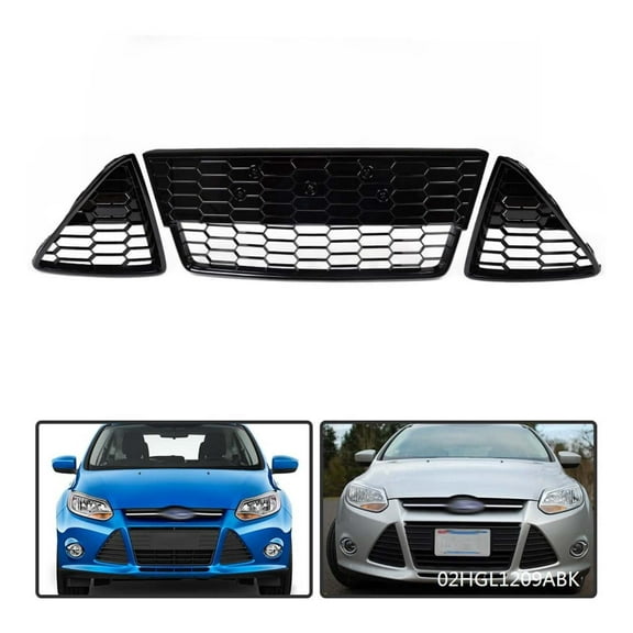 WaiRitoday Fit For 2012 2013 2014 Ford Focus 3Pcs Honeycomb Front Bumper Lower Grille Grill