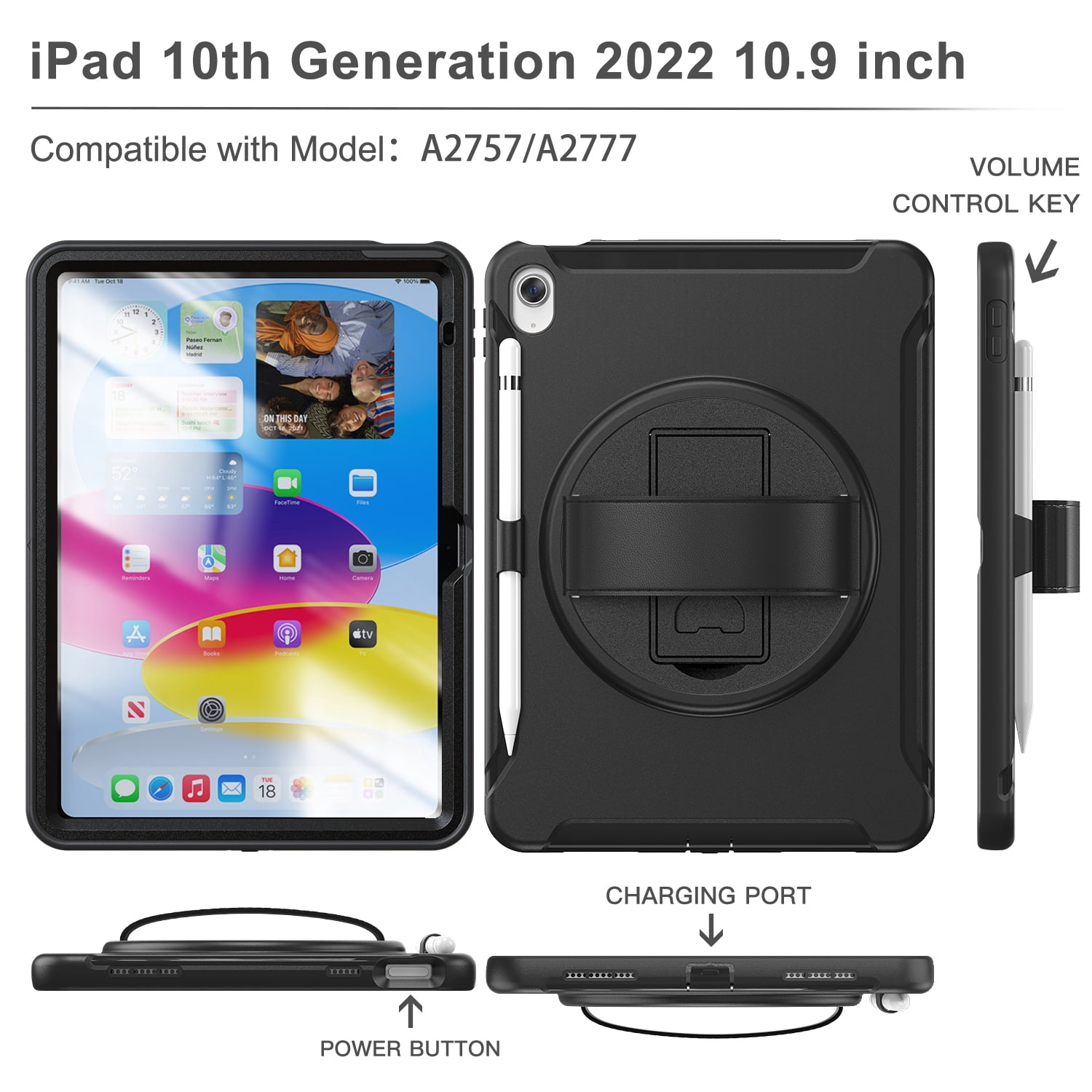 Allytechgroup Case for Apple iPad 11th Gen 11" 2025/ iPad 10th Gen 10.9" 2022, Build-in Pencil Holder Rotaing Stand Heavy Duty Shockproof Kids Friendly Hand Strap Tablet Cover for iPad 11/ iPad 10