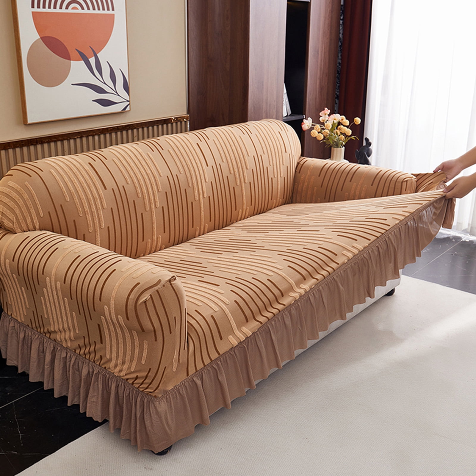 ANMINY Stretch Sofa Slipcover with Skirt Non-Slip Jacquard Universal Soft Sofa Cover with Elastic Bottom Couch Protector 1-Seater (35.4"–55.1")