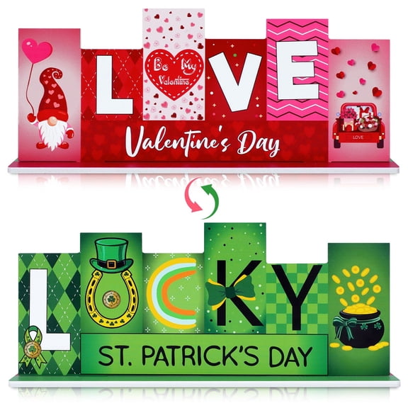 HKKDKTA Valentine's Day & St. Patrick's Day Wooden Table Sign,LUCKY LOVE Double Sided ,Valentines Day Decorations for Home Farmhouse Tiered Tray Decor