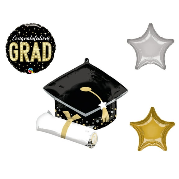 LOONBALLOON Graduation Grad Theme Balloon Set, 25 Inch Black Grad Cap & White Diploma Balloon, Standard Grad Marquee Lights Balloon and Star Foil