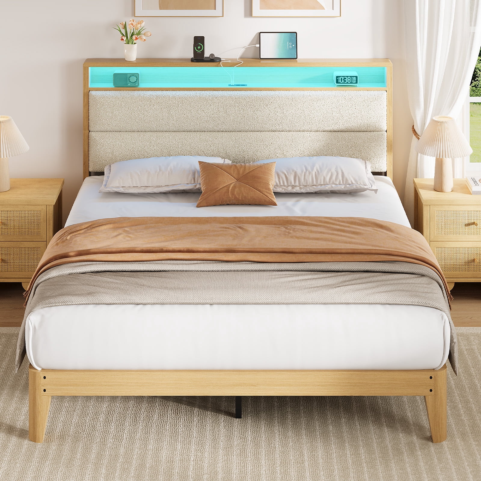Queen Size Upholstered Bed Frame with LED Lights & Charging Station, Boucle Headboard Platform Bed with Wooden Slats, No Box Spring Needed, Easy Assembly，Beige