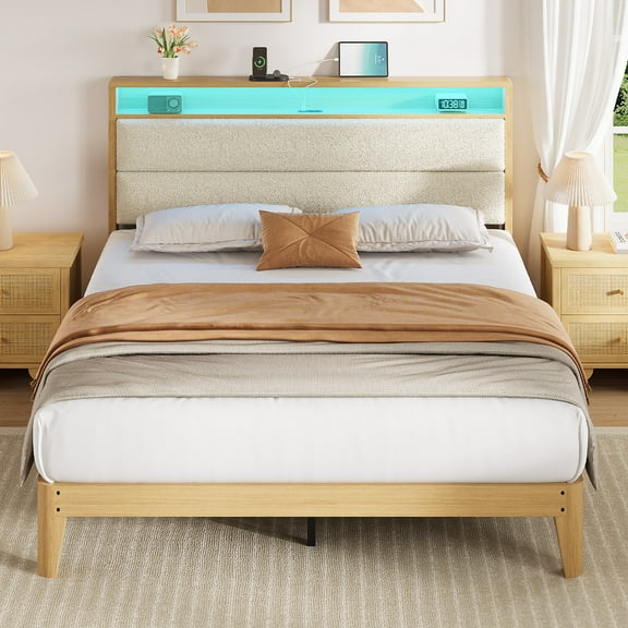 Tzou Queen Size Boucle Bed Frame with LED Lights & Charging Station - Upholstered Headboard, 2-Tier Storage, No Box Spring
