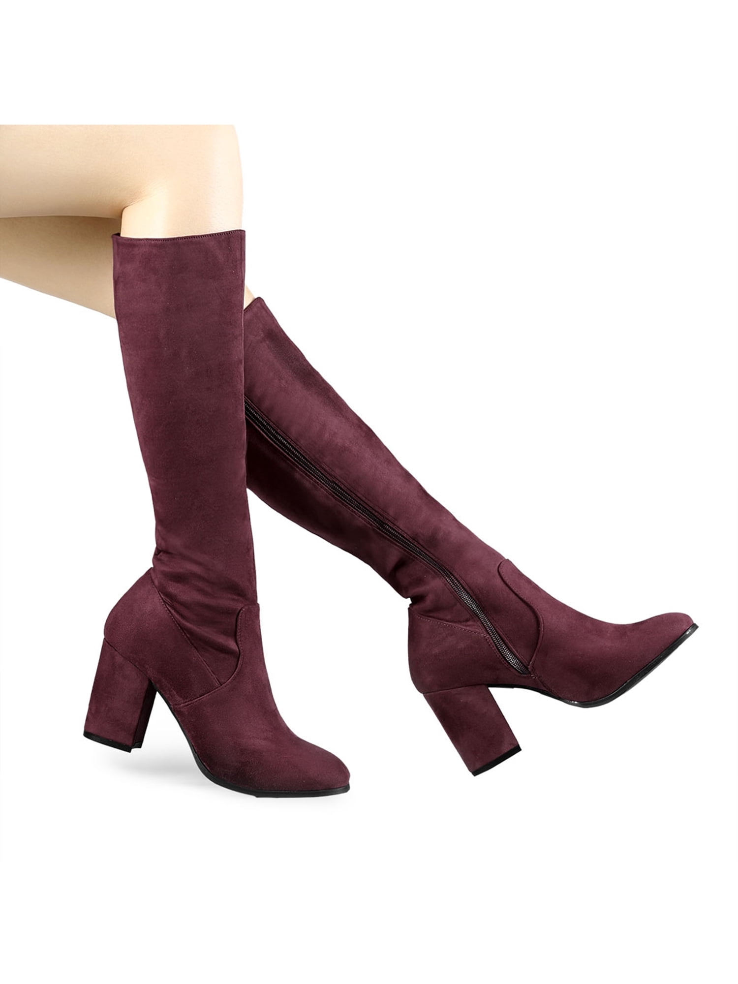 DARING DIVA Women's Stylish Side Zipper Chunky Heel Knee High Boots Burgundy 8.5