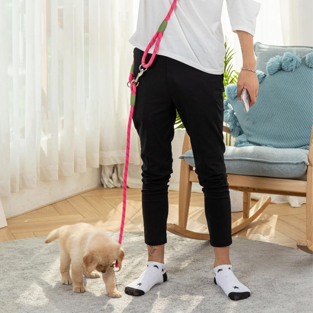 Hands free dog leash for off-road dog running, dog leash for hiking training, hands-free pet leash, heavy-duty reflective pet walking strap (pink 250cm long 1.2m)