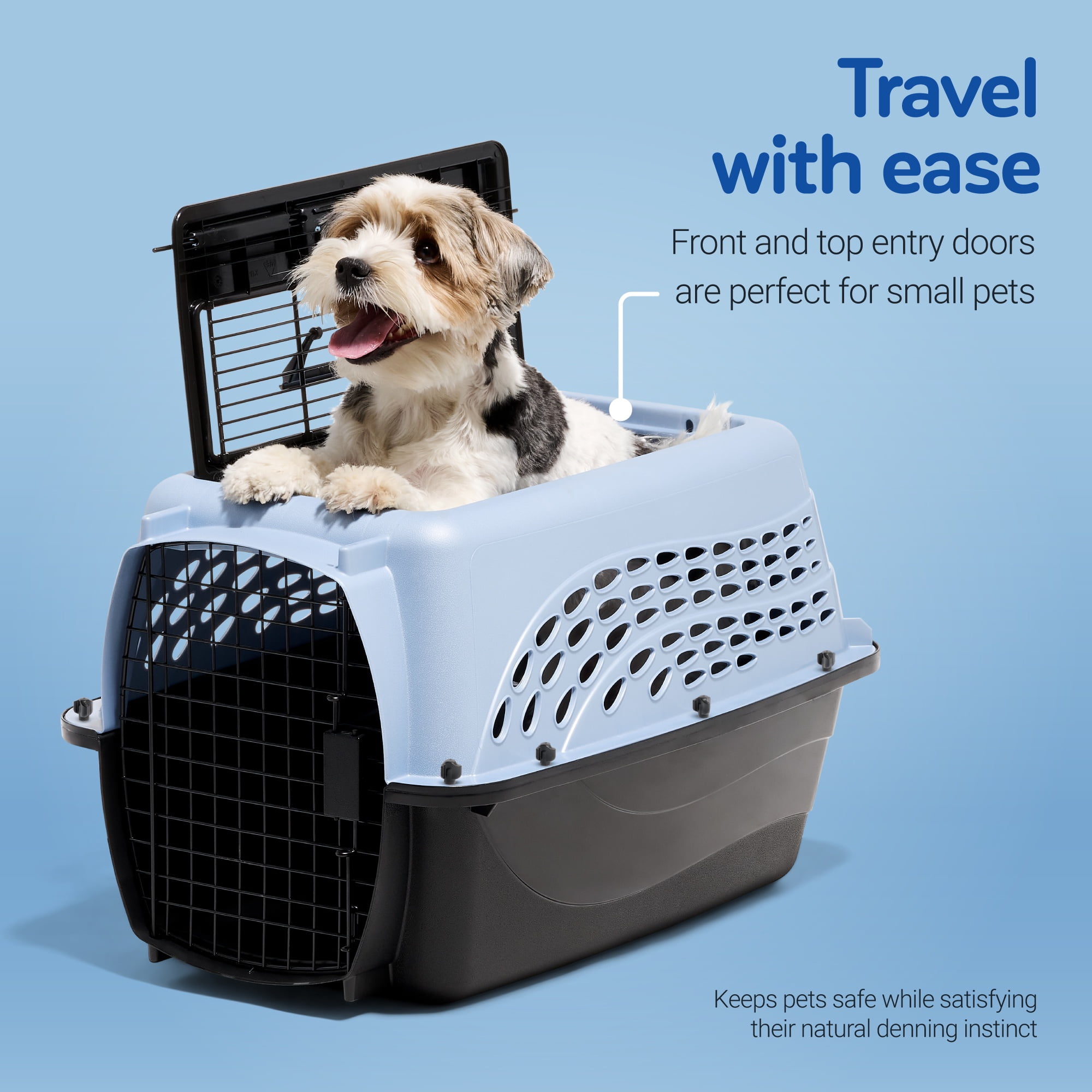 Petmate Plastic Carrier for Dogs & Cats, 2 Door Top Load Travel Kennel, Blue, for Dogs & Cats up to 15 lbs, Medium, 24" x 14.50" x 16.76"