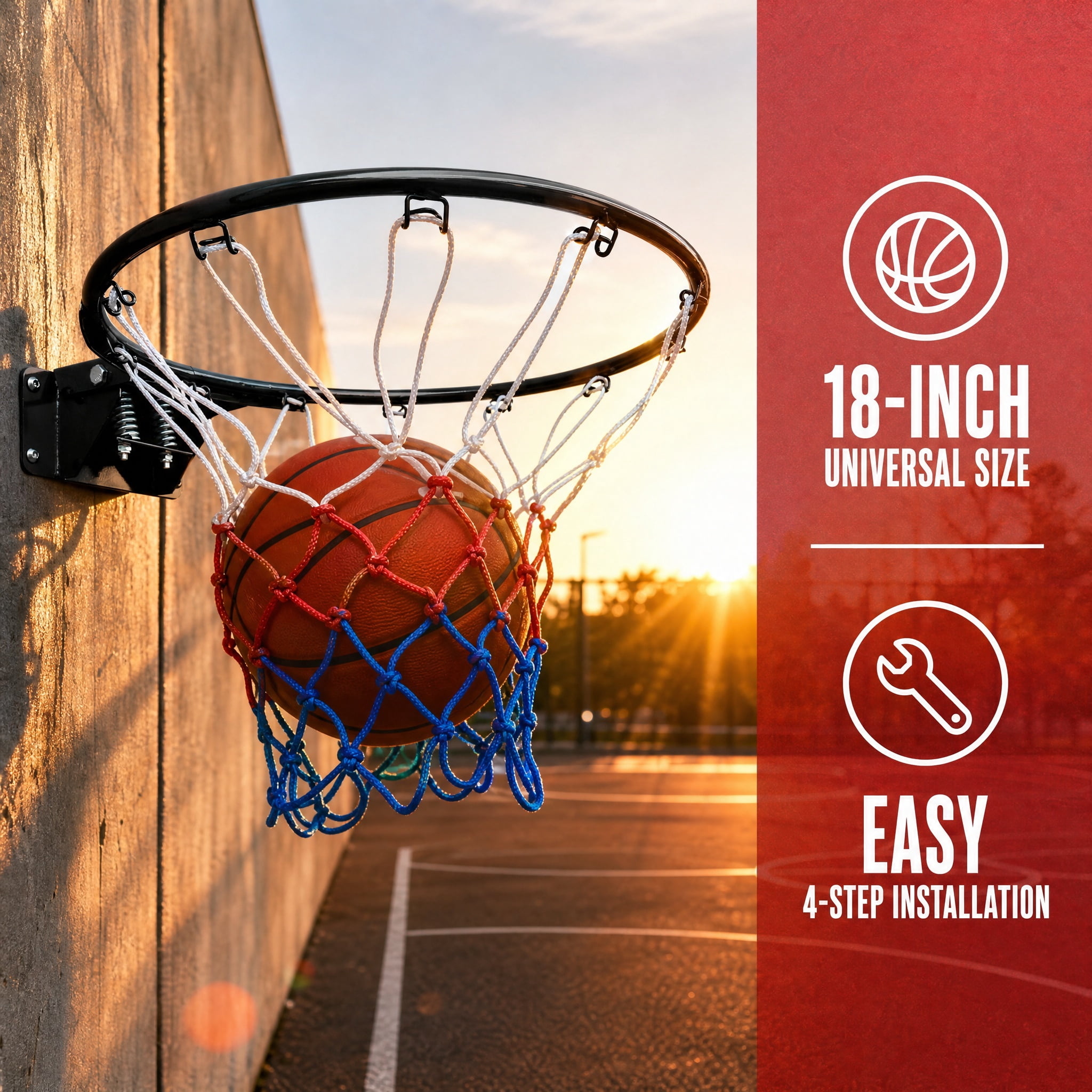 18 Inch Standard Double Spring Solid Steel Basketball Rim Heavy‑Duty Wall Mount Replacement Hoop with Nylon Net Shock‑Absorbing Basketball Goal for Indoor Outdoor Kids Teens Home Backyard Play
