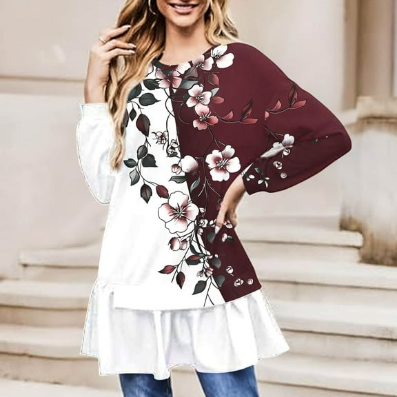 Uootdi Long Sleeve Shirts for Women Crewneck Ruffle Hem Floral Print Gradient Gift Basic Loose Tunic Tops Beach Vacation Clothes