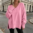 thumbnail image 2 of Ozmmyan Womens V Neck Long Sleeve Sweatshirt Side Slit Oversized Relaxed Fit Shirt Fall Winter, 2 of 7