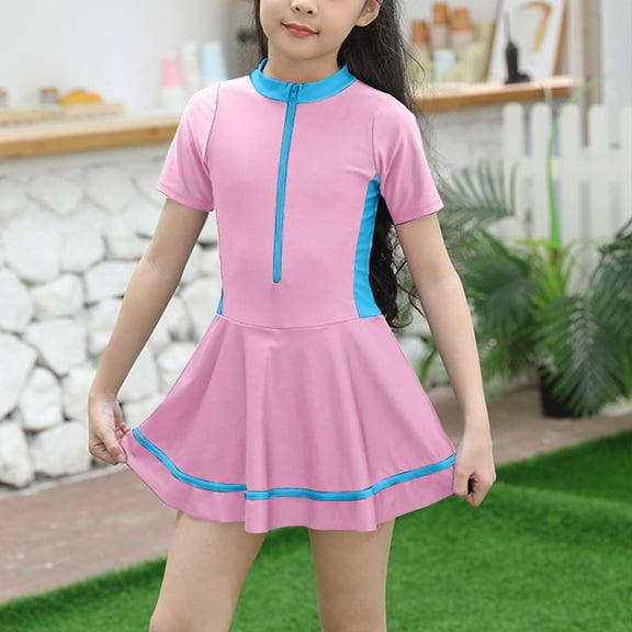 Cethrio One-piece Swimsuits for Girls, Quick Dry Short Sleeve Swim Dresses Bathing Suits Pink Size 2-3 T