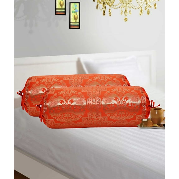 Stylo Culture Ethnic Cylindrical Brocade Bolster Pillow Covers Orange Gold Elephant Jacquard Weave Round Meditation Pillow Traditional Floral Tubular Cushion Covers - (76x38 cm) | Set of 2 Pcs