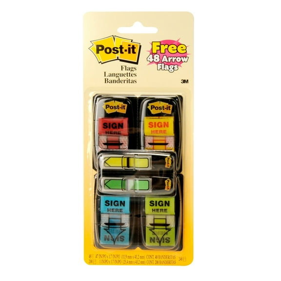 Post-It®, MMM680SH4VA, Message Flag Value Pack - 4 Dispensers Plus Two 1/2"W Flags, Assorted,Yellow,Bright Blue,Bright Green,Red
