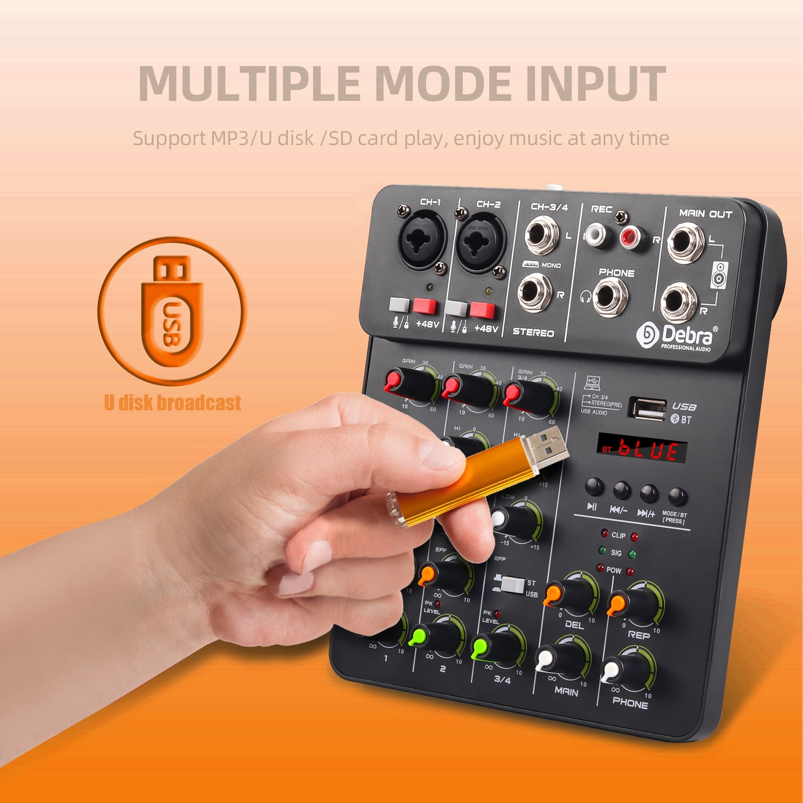 V4 Mixer DJ Controller Mixer, 5.0 Bluetooth 48V Phantom Power, Low Bottom Noise For Mixing Console PC Recording ,Easy to Operate