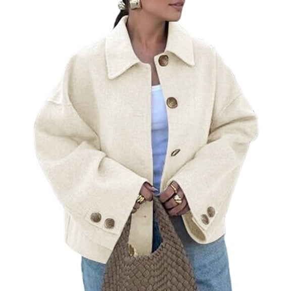 Womens Cropped Pea Coat Casual Button Down Short Jackets Fall Winter Outerwear Cream White S