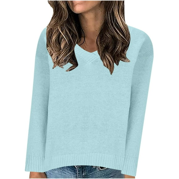 Mgmyaa Chandail Col en V pour Femmes Couleur Unie Manches Longues Décontracté Tricoté pour Automne Hiver Usage Quotidien Confortable Blouse Extensible
