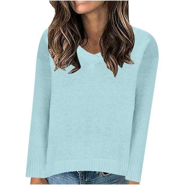 Timegard Tops for Women V Neck Long Sleeve Sweaters Pullover Solid Color Fall Casual Loose Comfy Tops