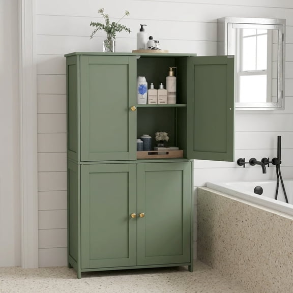 LEDREM Bathroom Storage Floor Cabinet Organizer with Adjustable Shelf 4 Magnetic Doors Freestanding for Living Kitchen Room Small Spaces,Green