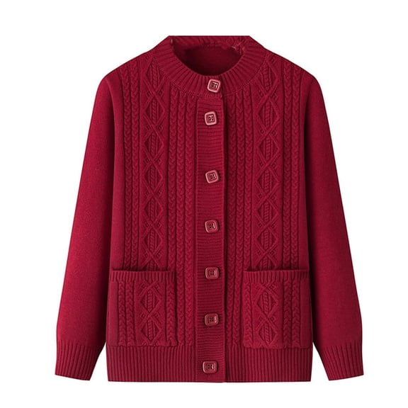 Arlun Women's Fall Winter Knitted Cardigans Sweater with Pockets Soft Comfy Thermal Button down Cardigan Crewneck Long Sleeve Solid Color Outerwear for Elderly