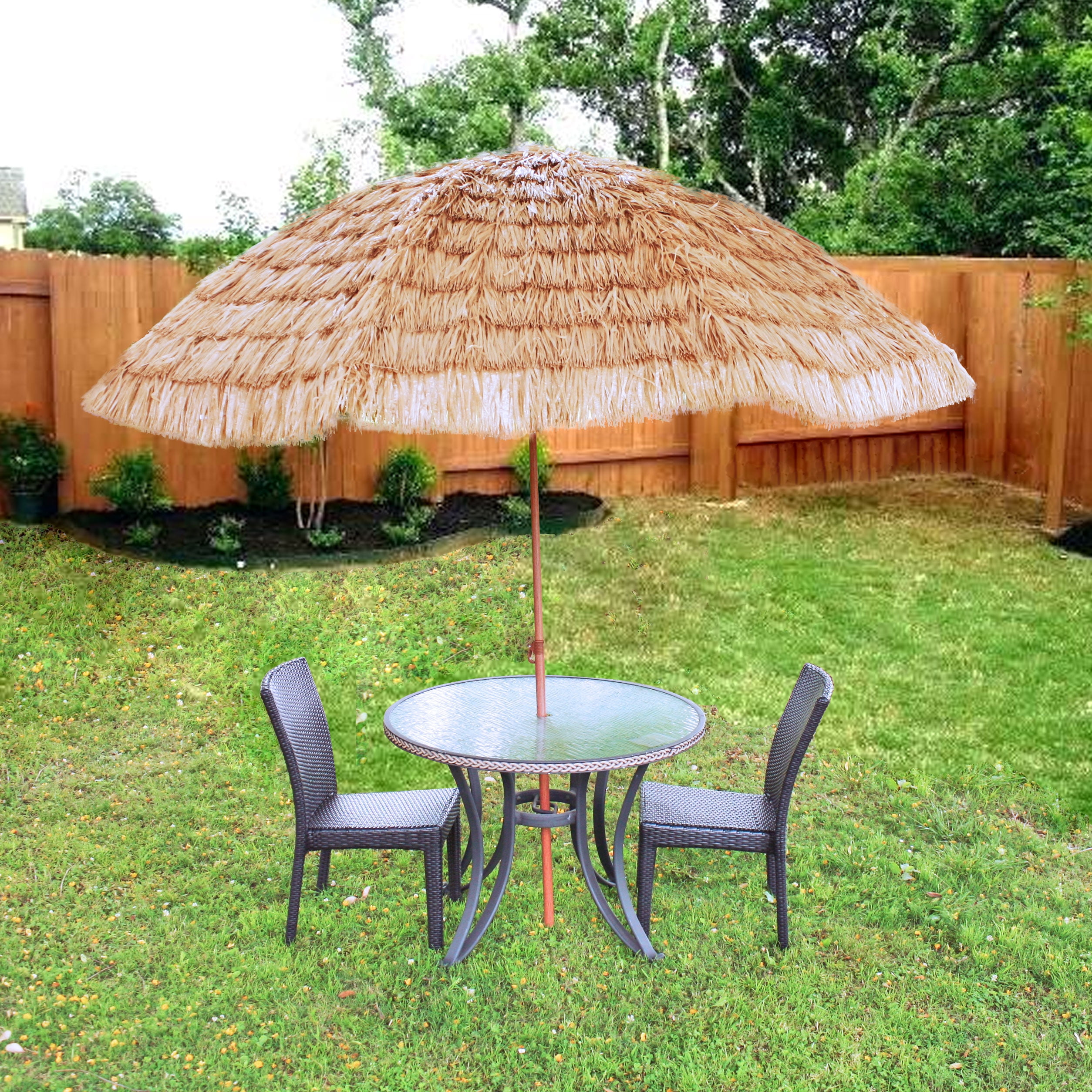 Backyard X-Scapes Tan Tiki Thatch Patio Umbrella for Outdoors 9.5 ft D