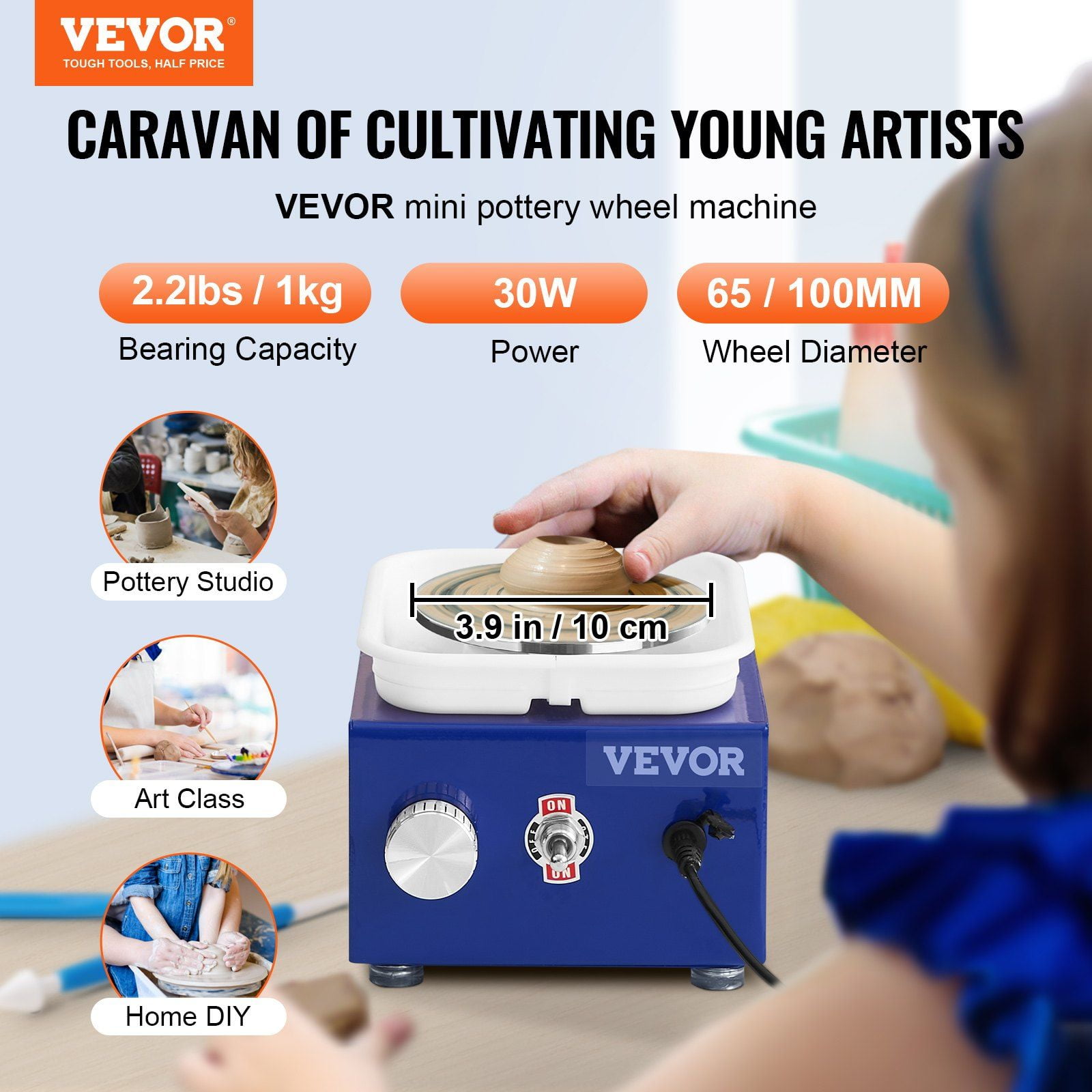 Mini Pottery Wheel for Kids Beginners 2 Turntables 2.6in 3.9in Ceramic Wheel Machine Adjustable 0-300RPM Speed ABS Detachable Basin 17 Pottery Accessories DIY Craft Art 30W Blue