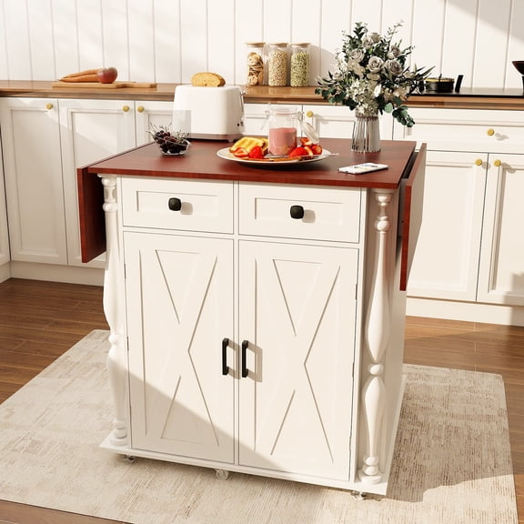 Roman Column Kitchen Island with Storage on Wheels, Rolling Kitchen Island Cart with Folding Drop Leaf, Wine Rack, Drawers & Cabinets,  Mobile Wooden Island Table for Kitchen & Living Room, White