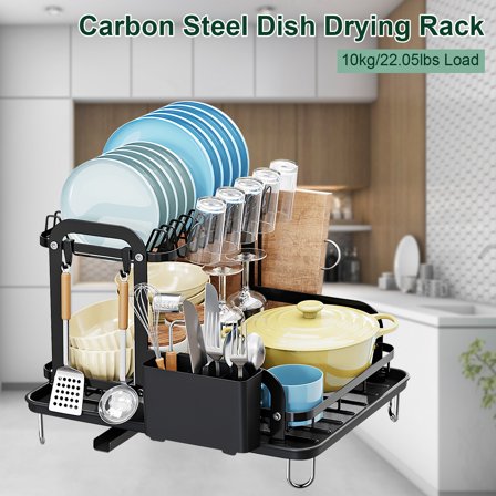Zorpupoa 2 Tier Dish Drying Rack Carbon Steel Dish Rack for Kitchen Counter Dish Drainer with Cutlery Holder Kitchen Organizer for Dishes Spoons Forks, Black