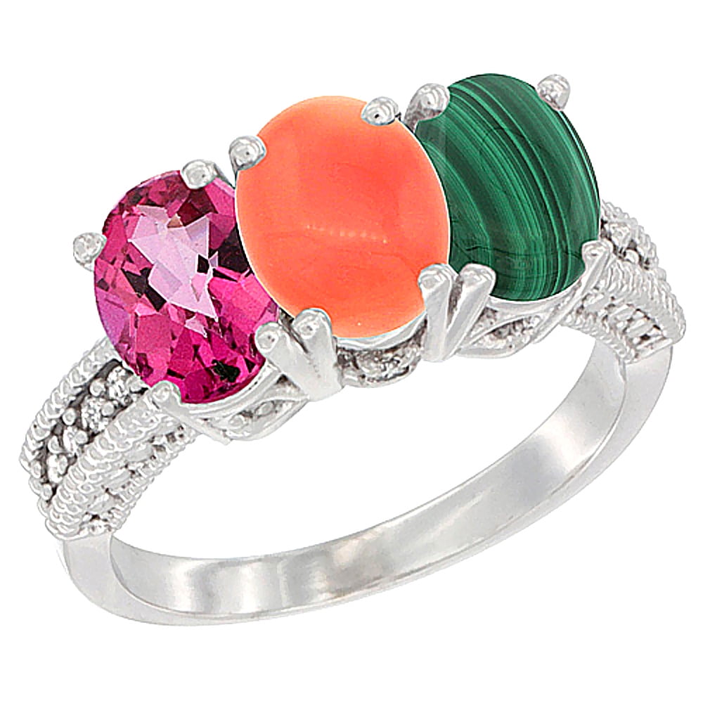 10K White Gold Natural Pink Topaz, Coral & Malachite Ring 3-Stone Oval 7x5 mm Diamond Accent, sizes 5 10 by WorldJewels