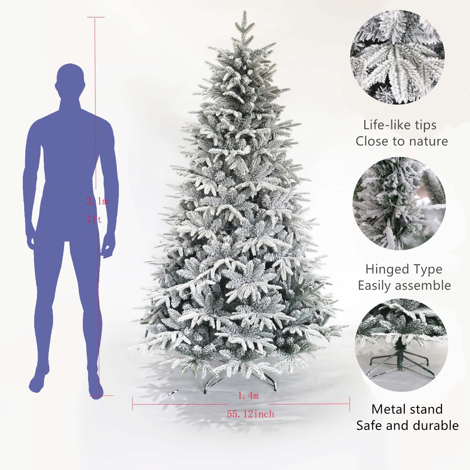 MOONMISS 7ft Snow Flocked Artificial Hinged Pine Christmas Tree with with X-shaped Iron Stand-White