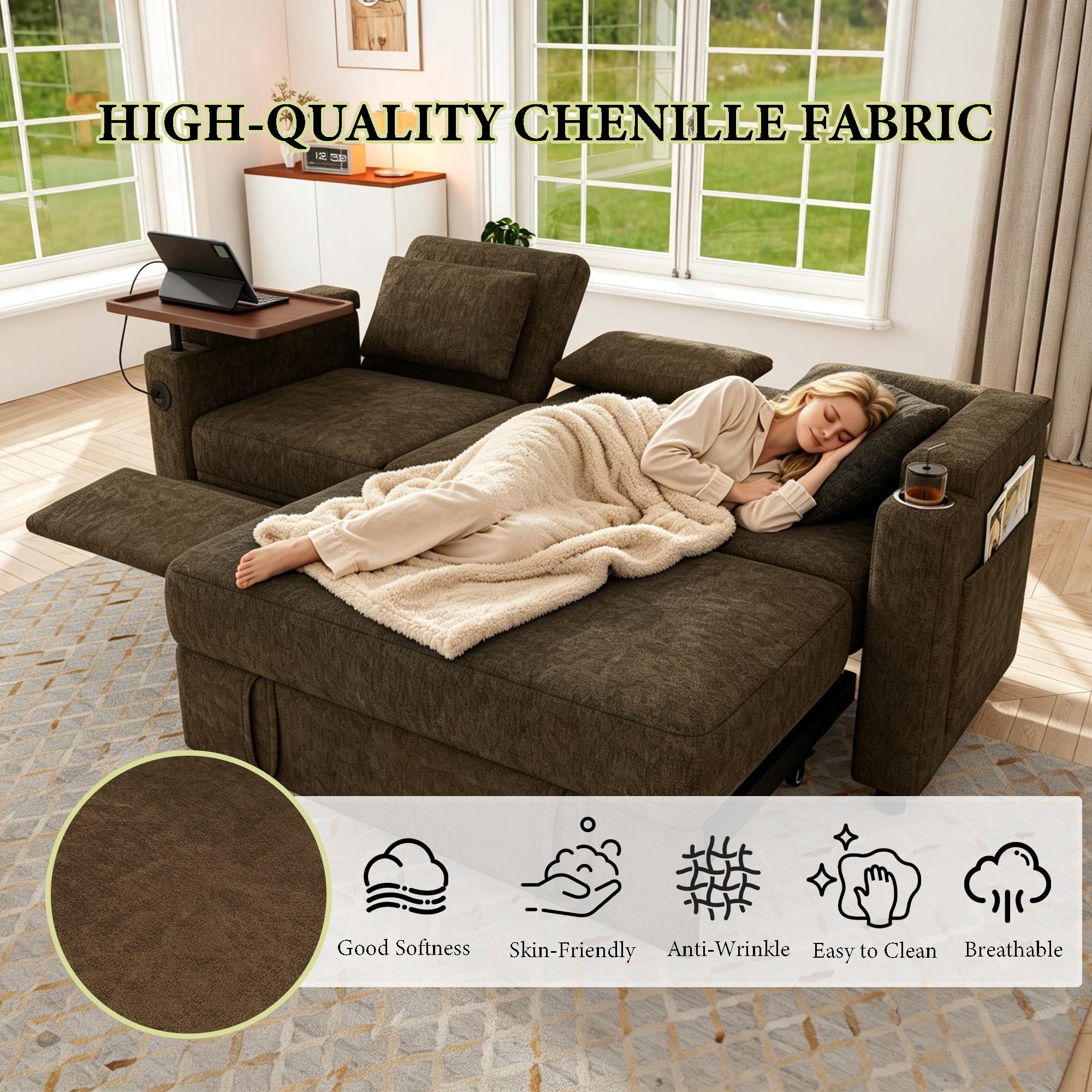 83" 3-in-1 Chenille Foldable Sofa Bed with Electric Chair,USB Ports,Table Board,Storage Armrests & Adjustable Backrest,3-Seater Sleeper,khaki