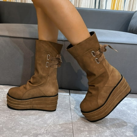 

Cathalem Mid Calf Boots for Women Size 12 Wedges Shoes Fashion Winter Laceup Retro Women s Thicksoled Breathable Boots women s Shoes Brown 8