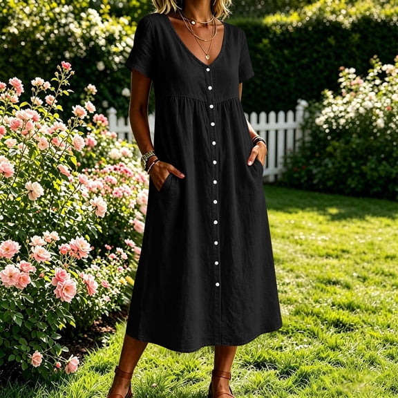 Ovbmpzd Black Women Dresses Button-Down Plain Linen Loose Shift Smocked Maxi V-Neck Summer Dresses for Women,M