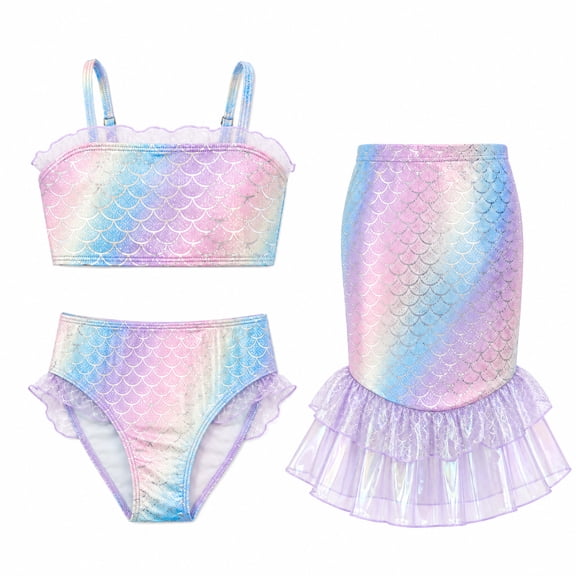 Girls Swimsuit 3 Piece Mermaid Set Swimsuit Fish Tail Skirt Bottom Bathing Suit Bikini Swimwear for Kids Girls 4-5 Years Beach Pool Party