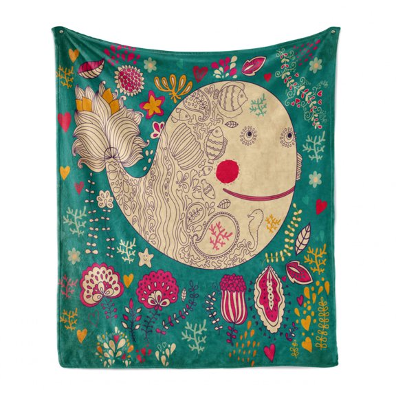 Whale Soft Flannel Fleece Blanket, Happy Giant Sea Ocean Creature Whale with Flower Blooms Tulips Leaves Design Artwork, Cozy Plush for Indoor and Outdoor Use, 50" x 60", Multicolor, by Ambesonne