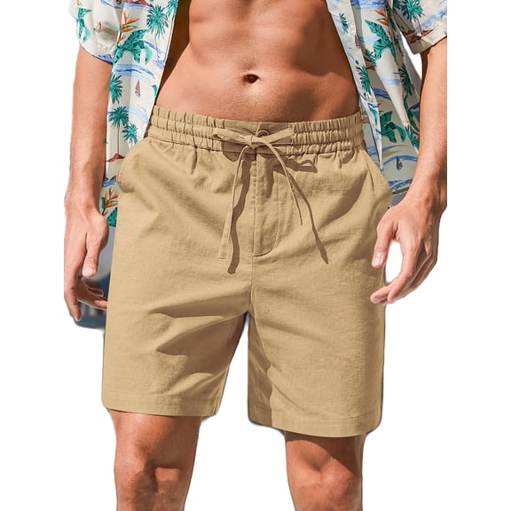 Iceglad Mens Cotton Linen Shorts Stretch Summer Beach Shorts Casual Drawstring 7inch Inseam Shorts