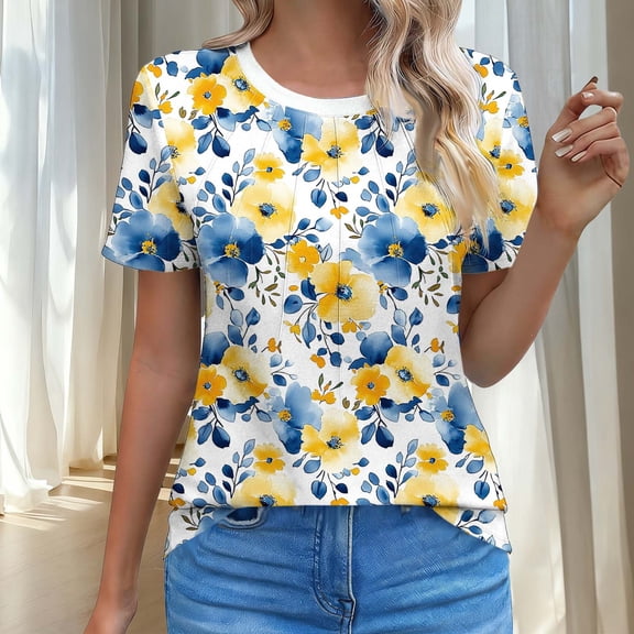 Zivyakyron T-Shirts Womens Summer Short Sleeve Tops for Women Vacation Floral Loose Casual Tunic Tops