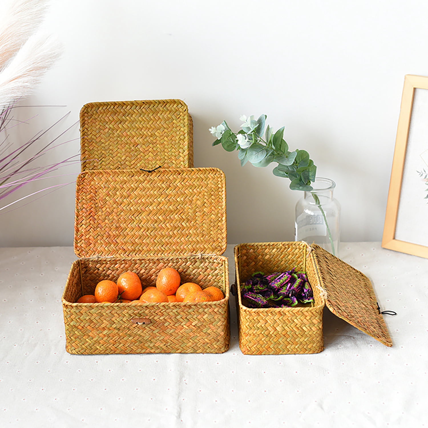 Asunby 3-Piece Wicker Storage Basket Set with Lids, Woven Rattan Baskets for Shelves, Stackable Seagrass Storage Bins for Laundry and Organization